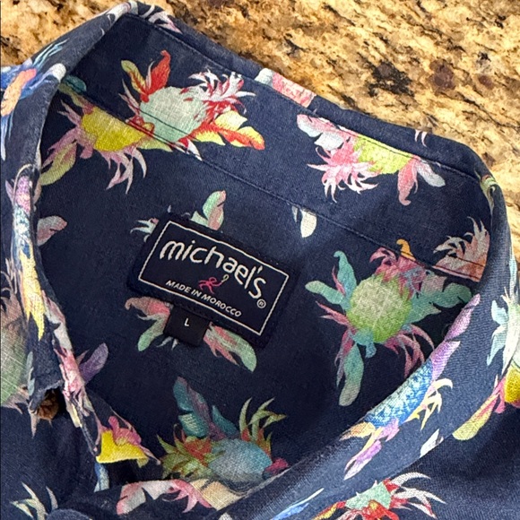 Michael’s 100% Linen Pineapple Button Down Shirt Navy Multicolor Men’s L - Picture 6 of 9